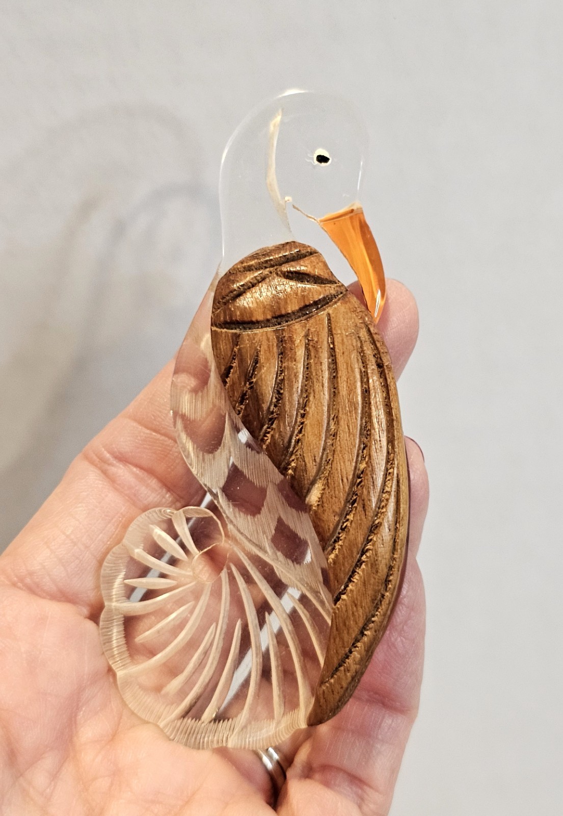Vintage lucite and wood brooch bird stork