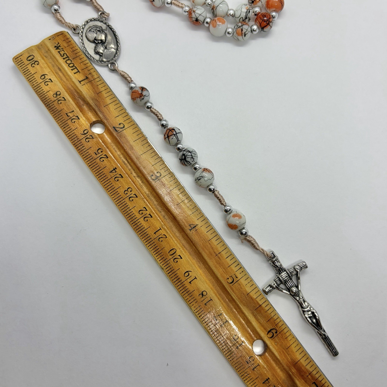 Vtg Catholic Religious Orange Rosary Glass Beads Necklace Silvertone Prayer