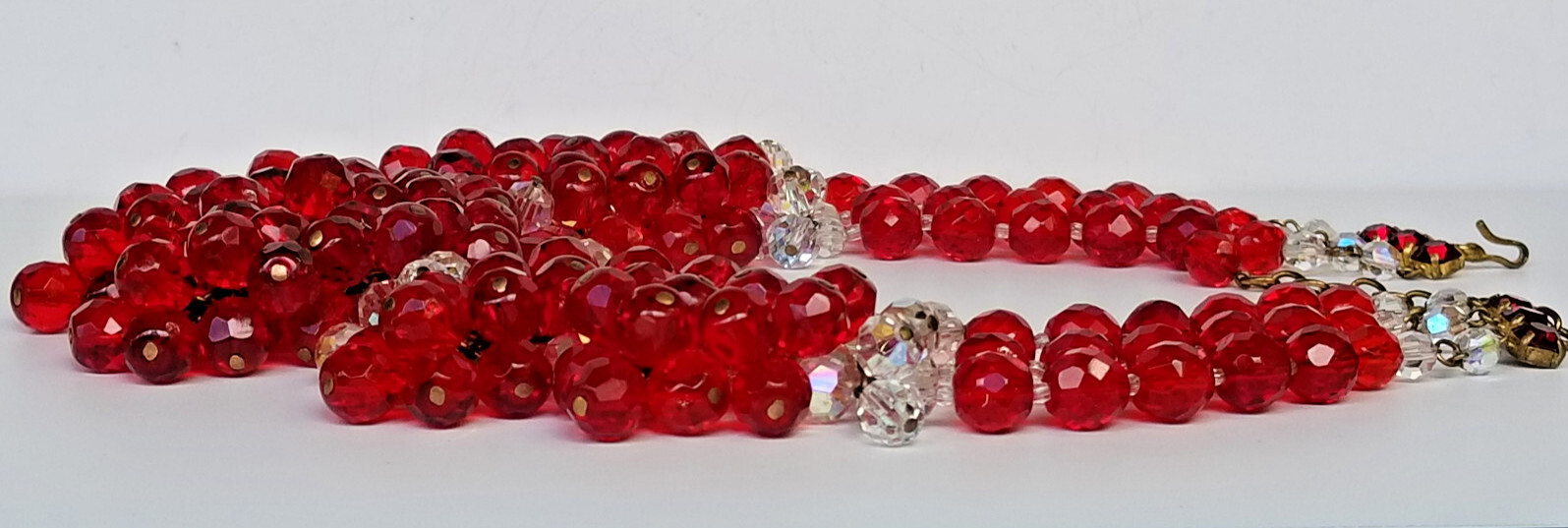 Vintage Signed France AB Bead & Red Glass Cluster Bead Necklace