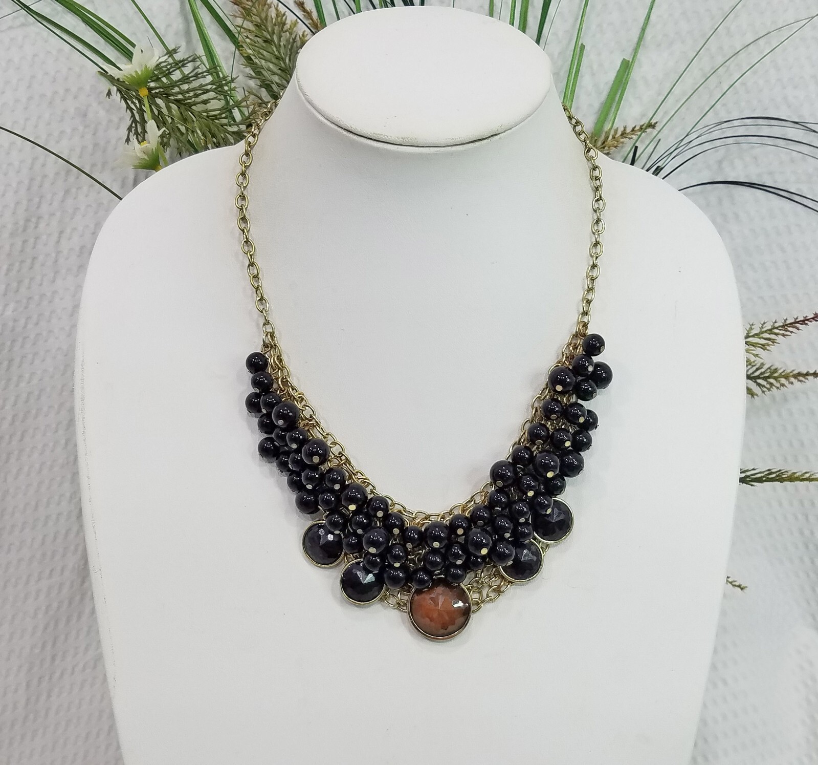 Vintage Gold Tone Maille Mesh With Black Brown Bead Cluster Bib Choker Necklace