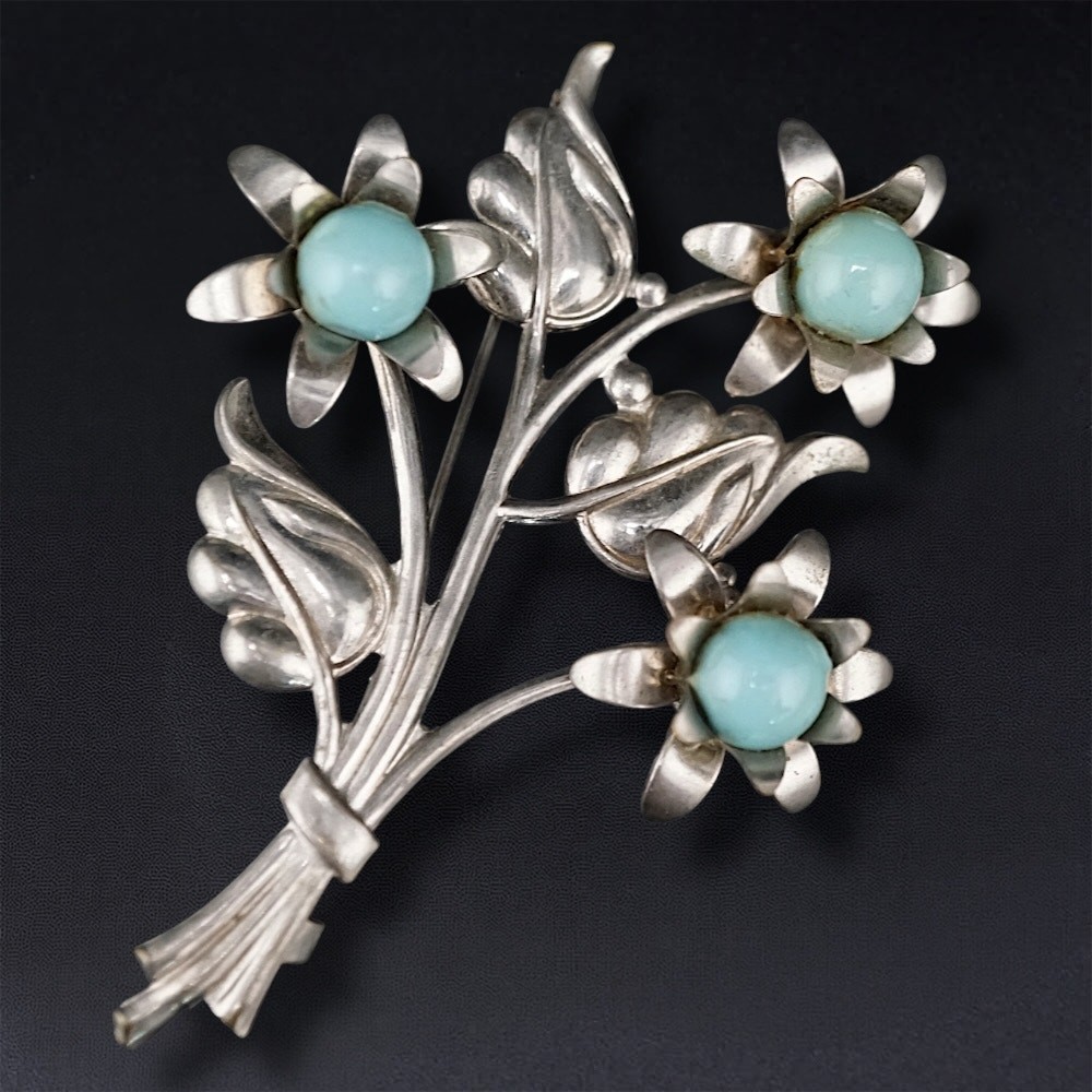 Vintage Floral Bouquet 3.5 in Brooch Blue Bead Silver Tone Statement Pin Retro