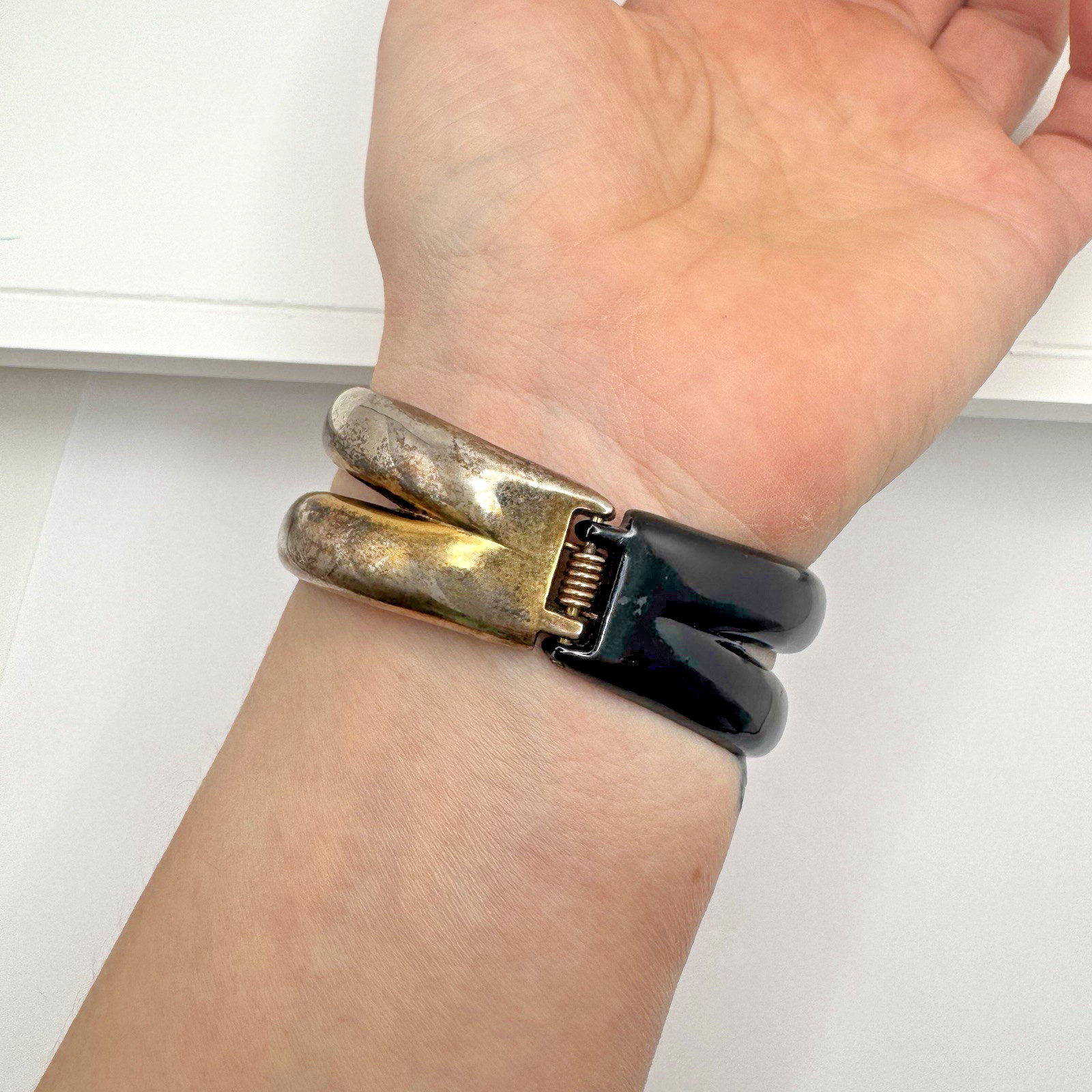 Metal Clamper Claw Vintage Black and Gold Tone Bangle Bracelet fits 6-8” Bold