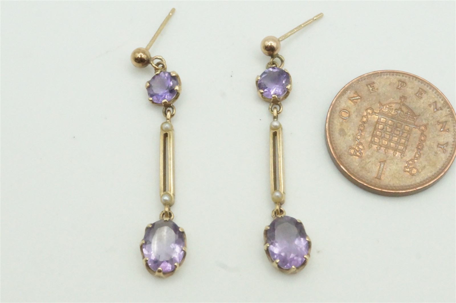 ANTIQUE ENGLISH 9 CARAT GOLD AMETHYST & PEARL DROP EARRINGS c1900