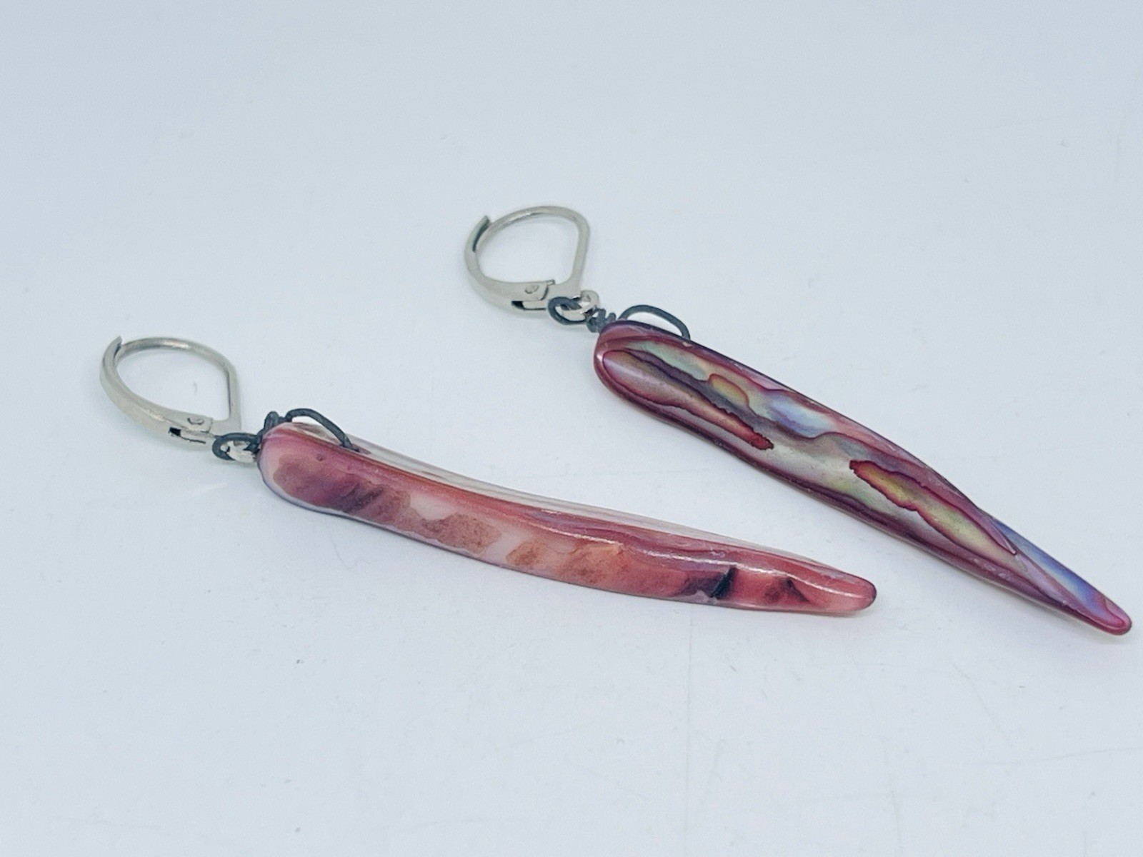 Vintage Colorful Pink Purple Blue Abalone Shell Talon Earrings Silver Leverback
