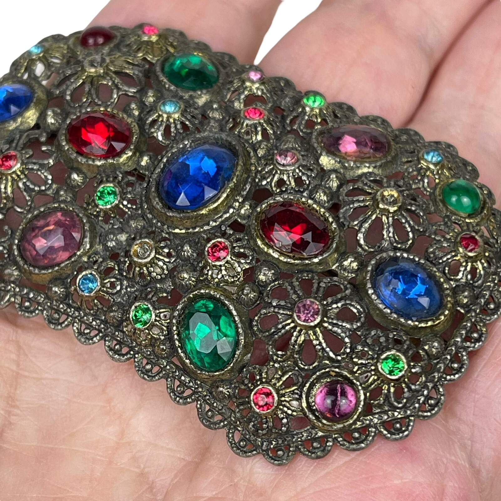 Estate Brooch New England Glass Works Vibrant Colors Faceted Stones Vtg 3” Pin