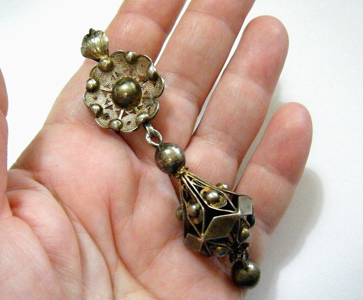 Antique Italian Sterling Silver Cannetille Filigree 3.5″ Long Pendant Enhancer