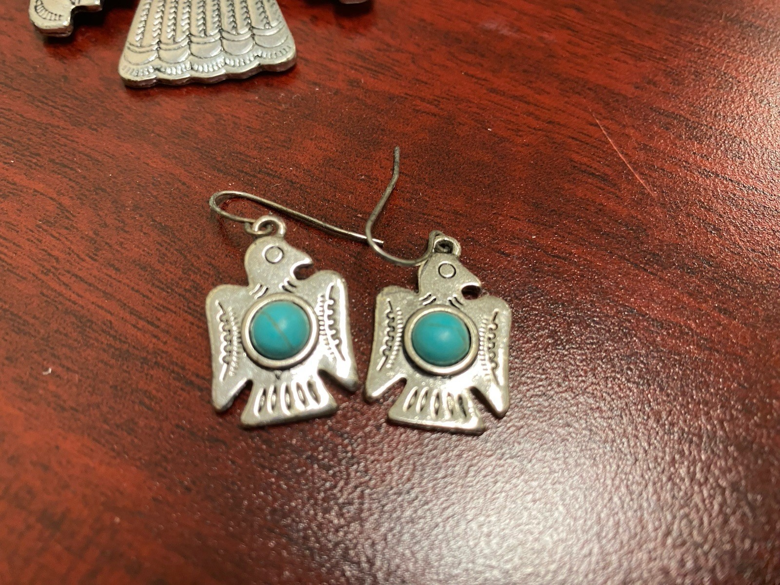 Silver Tone Southwest Style Thunderbird Pendant/Brooch Earrings Faux Turquoise