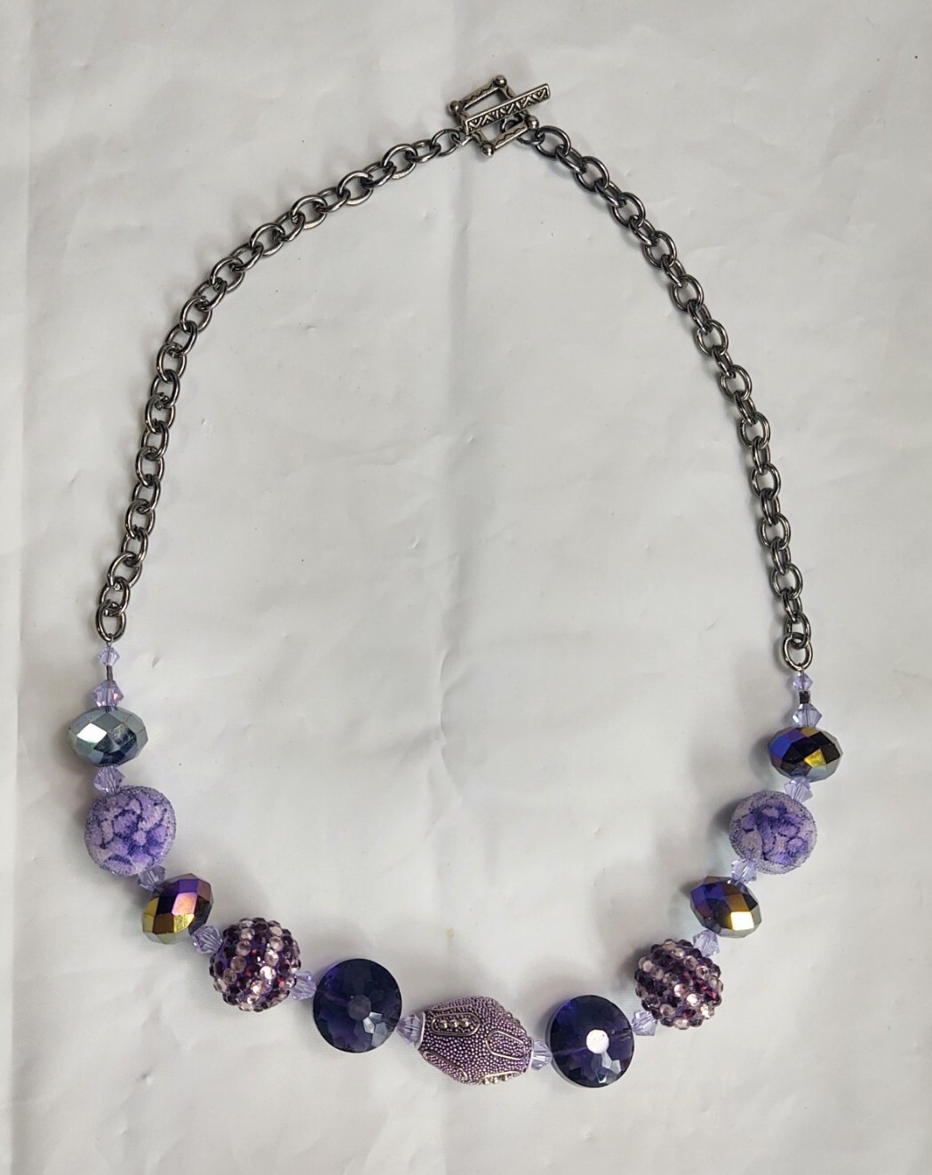 Vintage Beaded Necklace Silver Tone Purple Beads Crystals Toggle Closure Jewelry