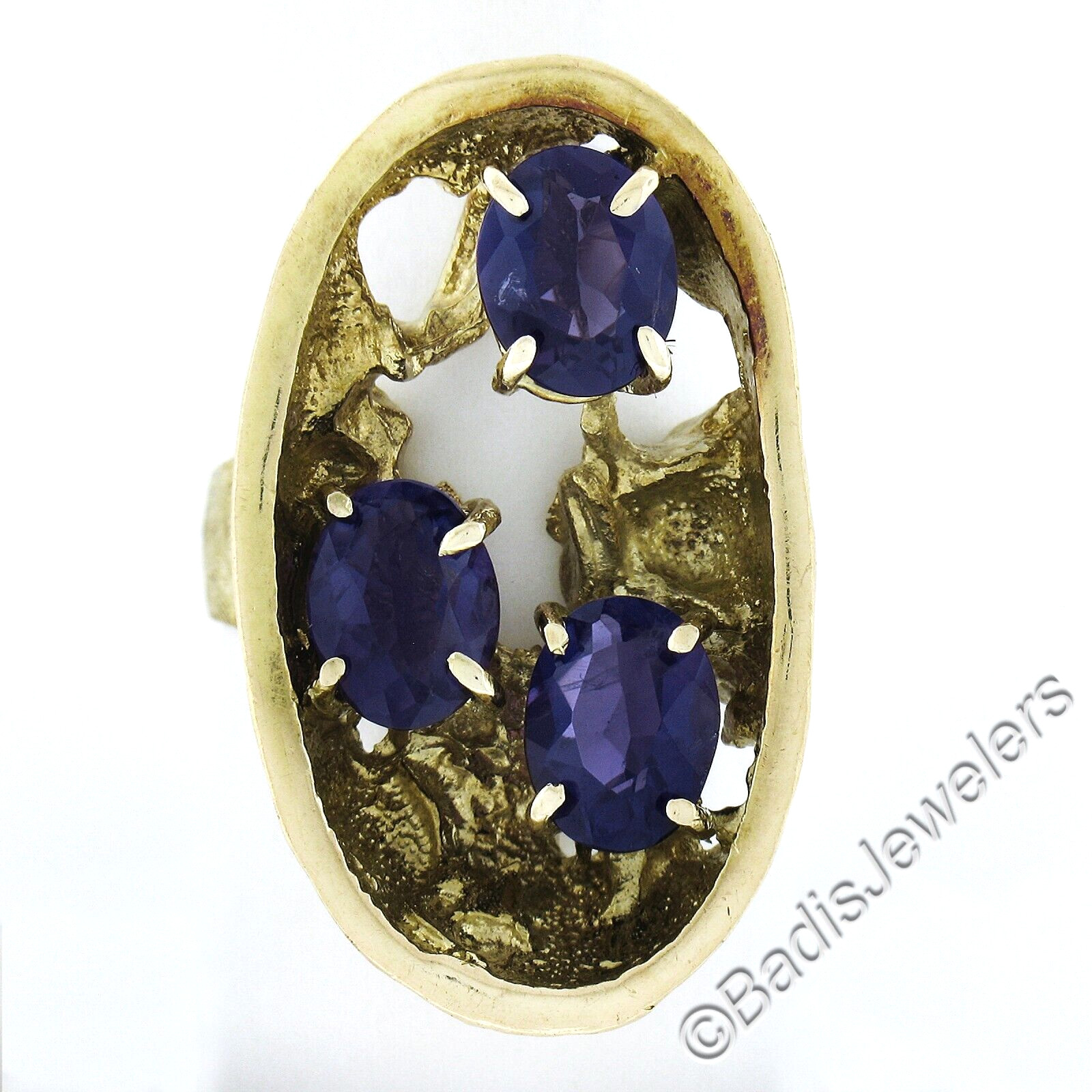 Vintage Yellow Gold 3.75ctw Oval Amethyst Open Textured Freeform Artsy Ring