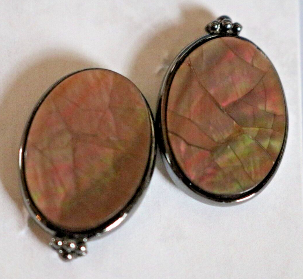 Earrings Abalone Signed L C Clip On Set in Gray Black Metal Silver or Pewter