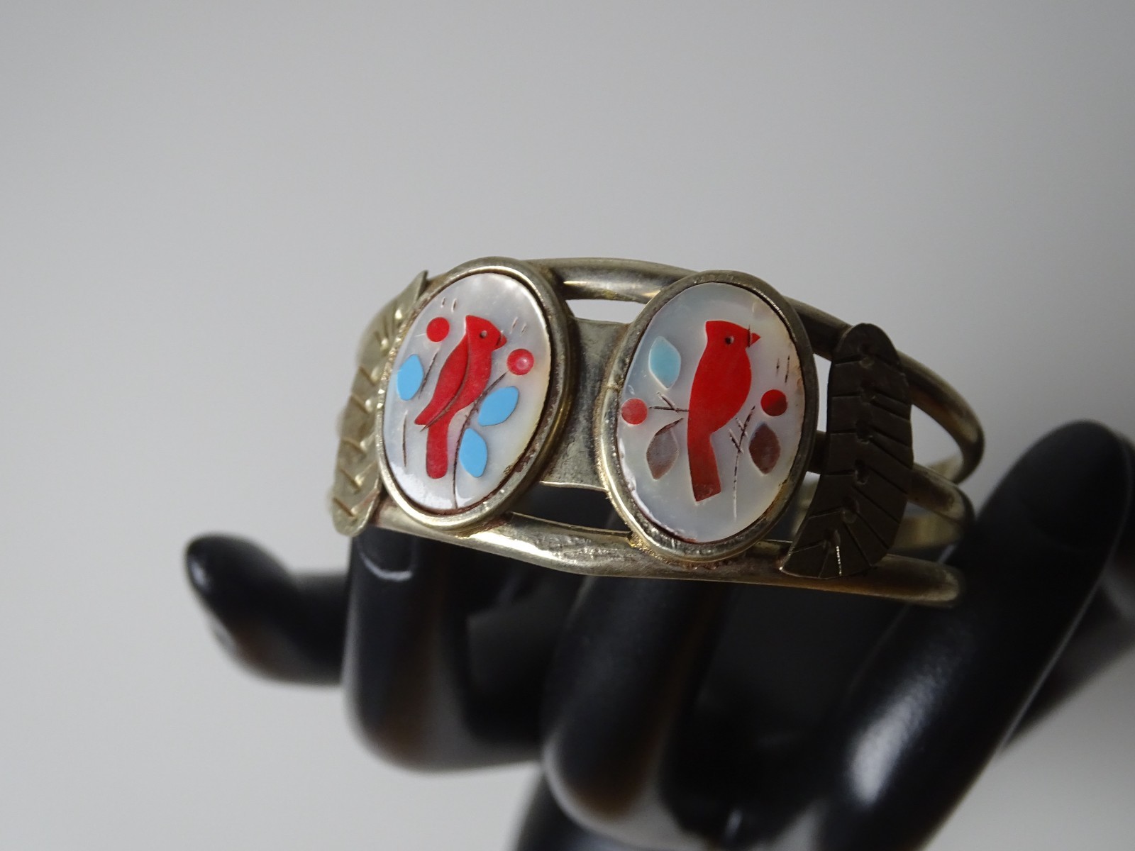 Vintage Mexican Alpaca Silver MOP Red Cardinal Bird Mosaic Cuff Bracelet 5.75