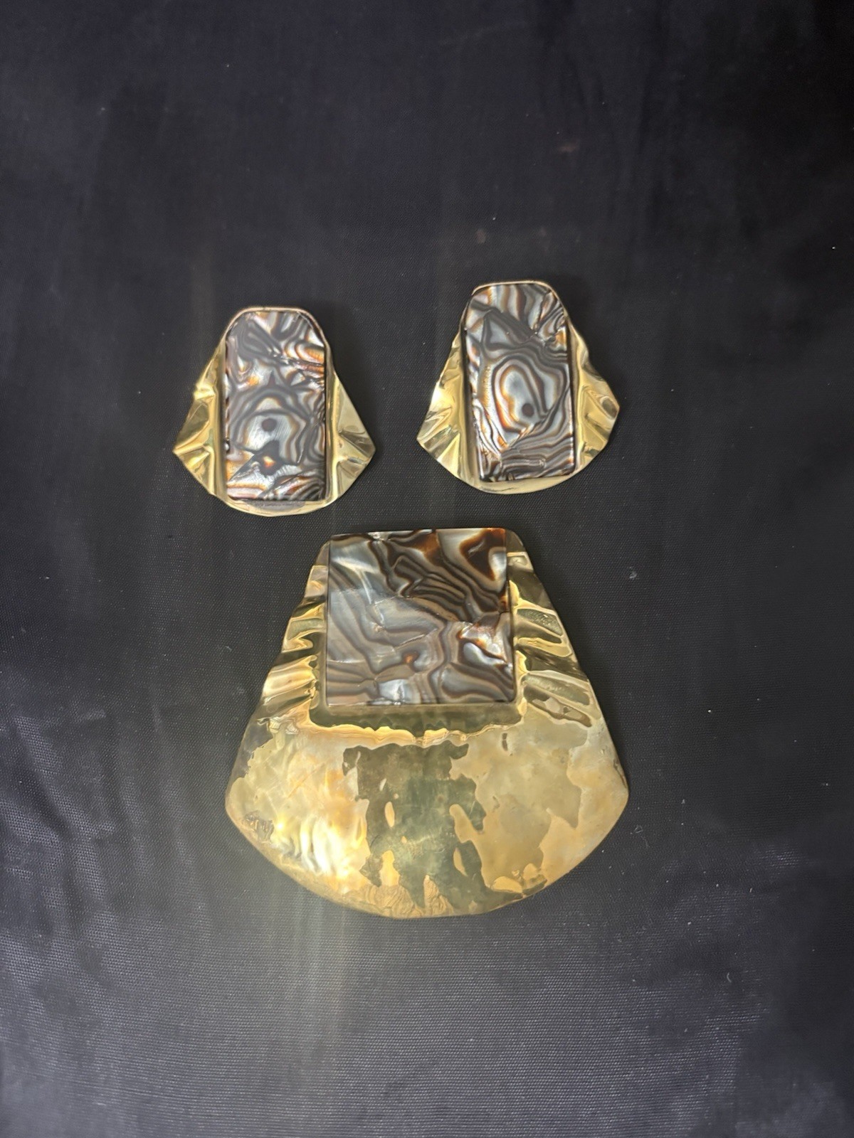 Modernist Brooch Earrings Set Brutalist Bold Studio Artist marble Swirl Signed