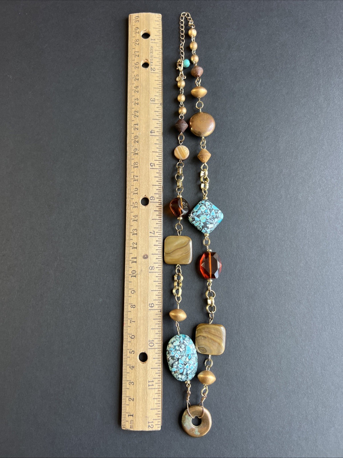 Vintage Turquoise Chip Inlay Beads Amber Mother of Pearl Abalone Bronze Necklace
