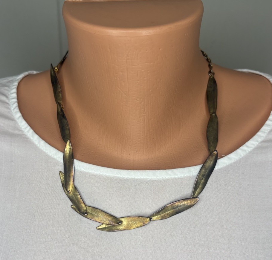 VTG Virginia Parissi Brutalist Leaf Necklace Earrings Set Bronze Tone Modernist
