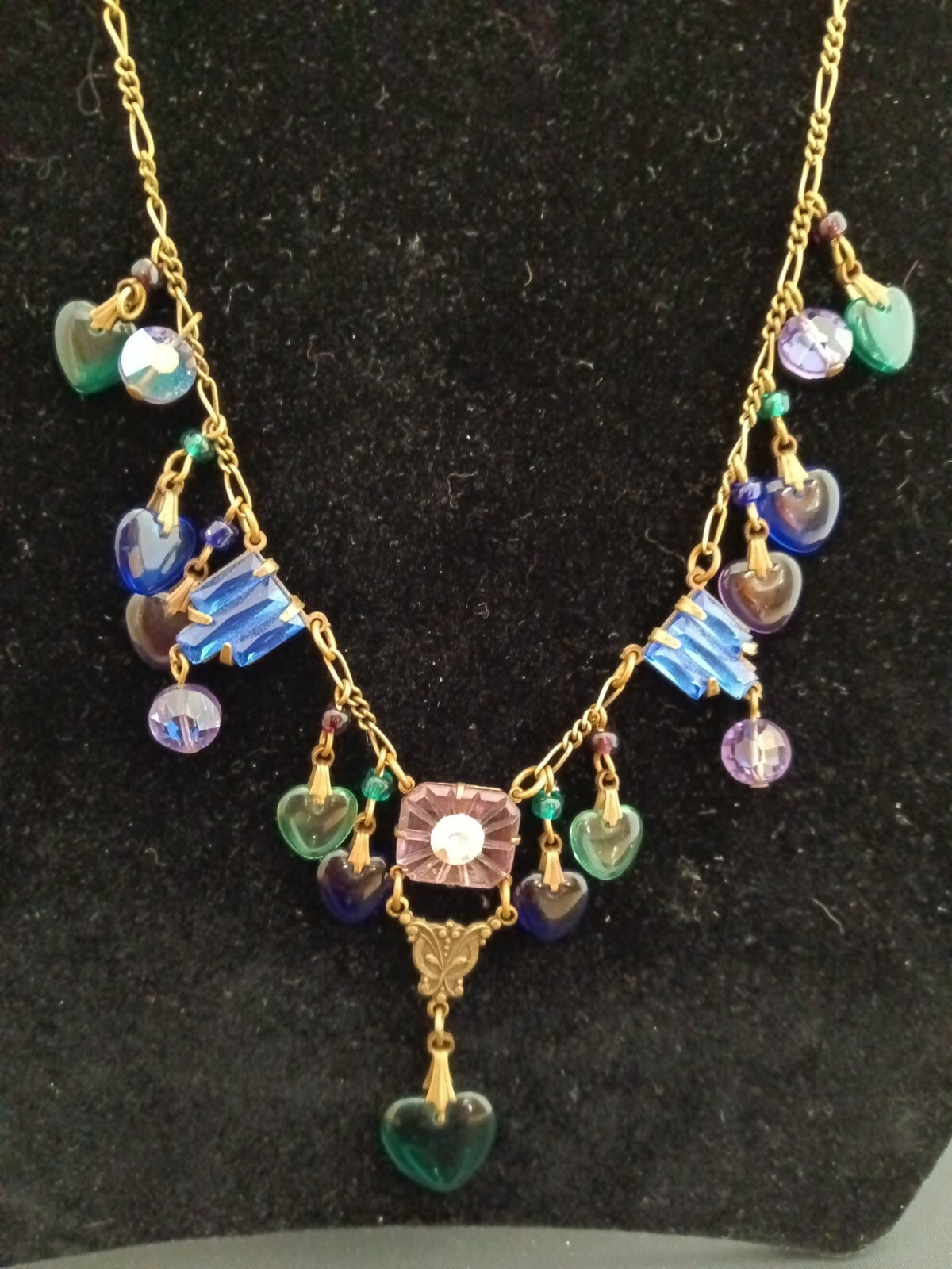Vintage Glass Works Studio Necklace Heart Charms Brass Gold Tone 15 Charms