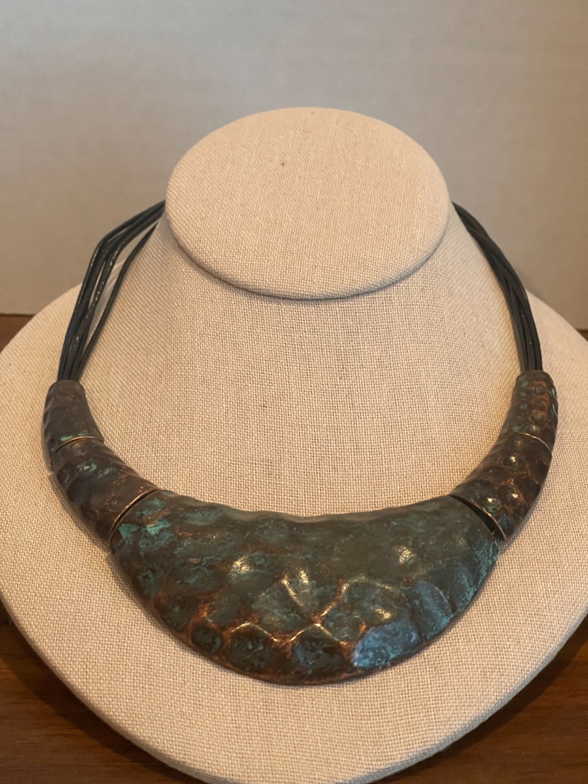 Brutalist Boho Verdigris Patina Chunky Hammered Copper Necklace and Earring Set