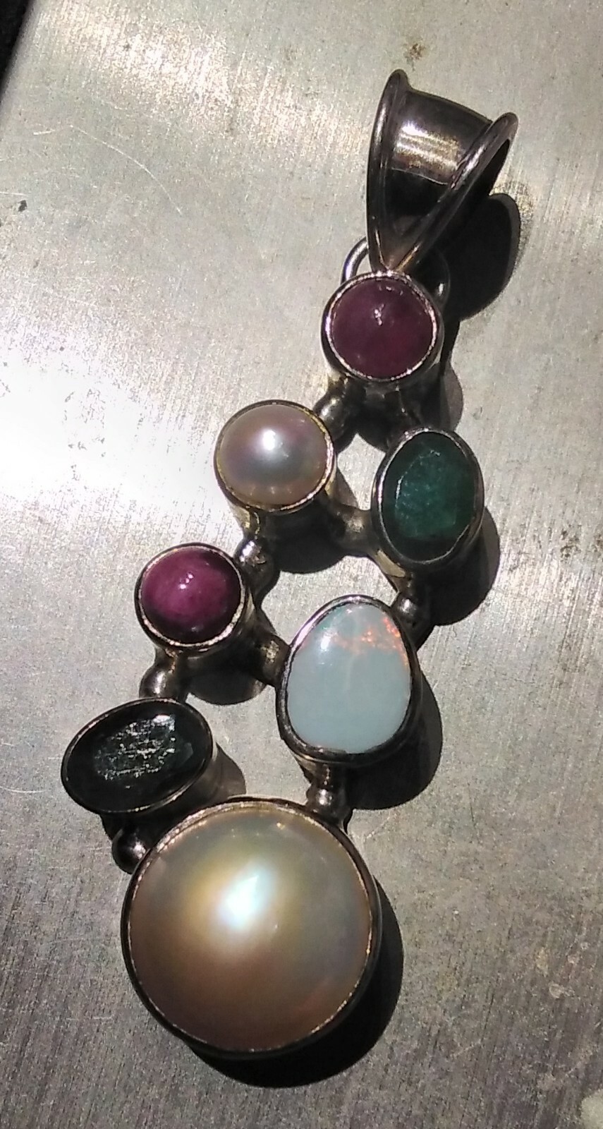 Unique Sterling Silver Opal Ruby Emerald Pearl One Of A Kind Pendant w Chain