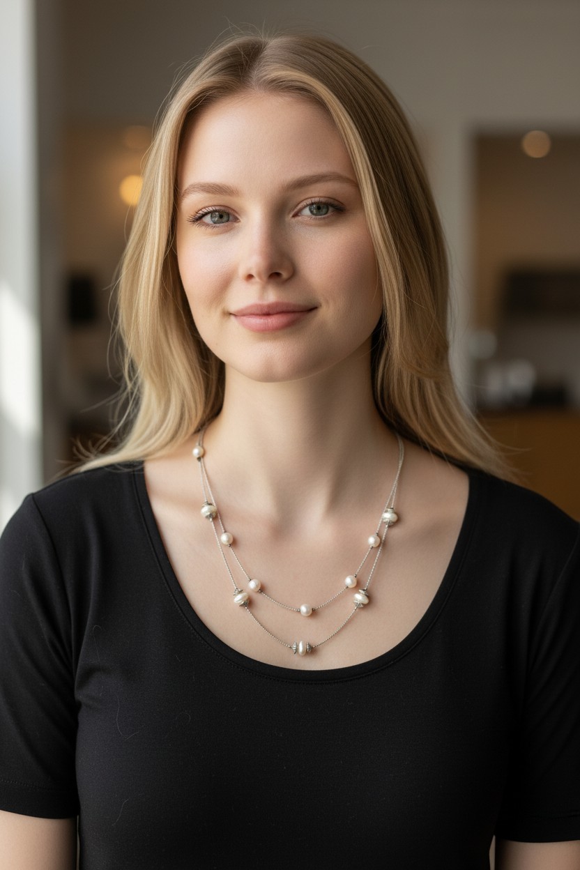 18″ Double Strand Gold-toned Chains W/Light-Colored Beads With Spacers Necklace
