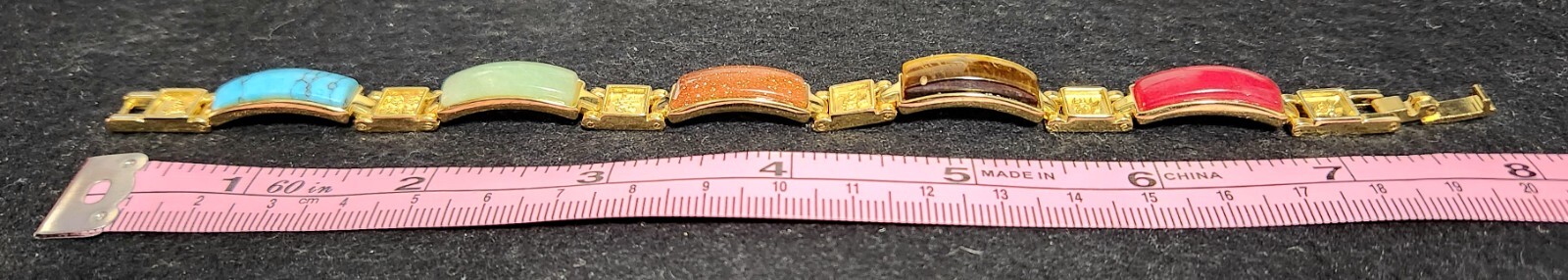 Vintage Chinese Jade Turquoise Tigers Eye Gold Tone Magnetic Link Bracelet 7.5″