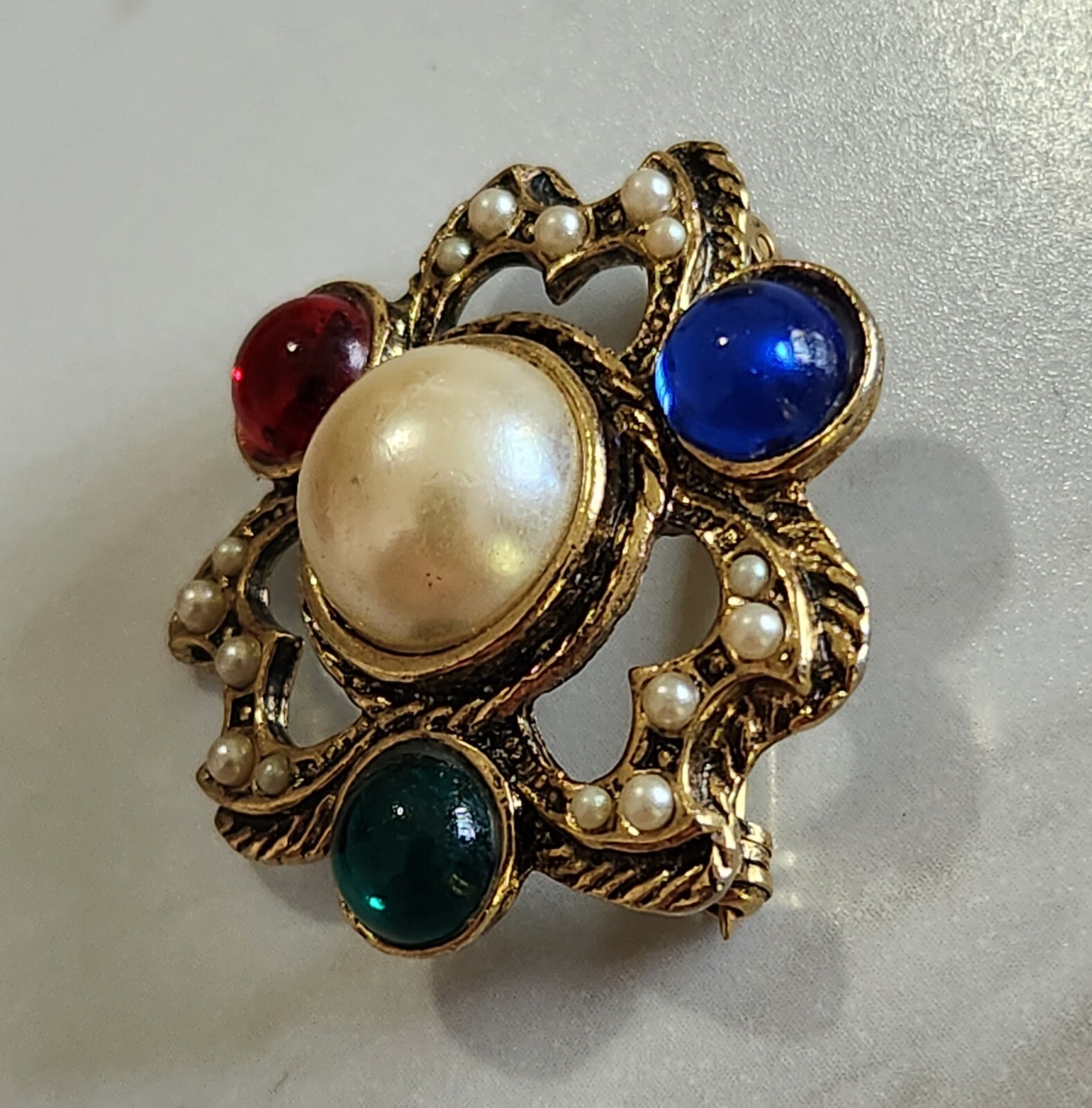 Vintage Faux Cabochon Pearl, Emerald, Ruby, & Sapphire Gold Tone Brooch