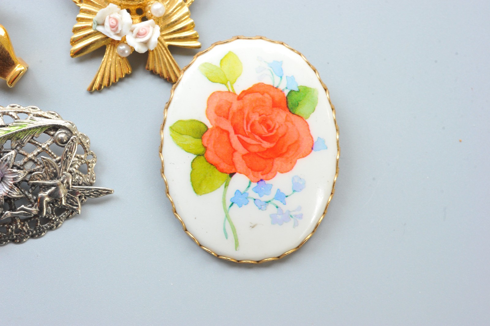 Vtg modern Brooch Lot cameo style flower gardening hat fairy 2 signed MA13