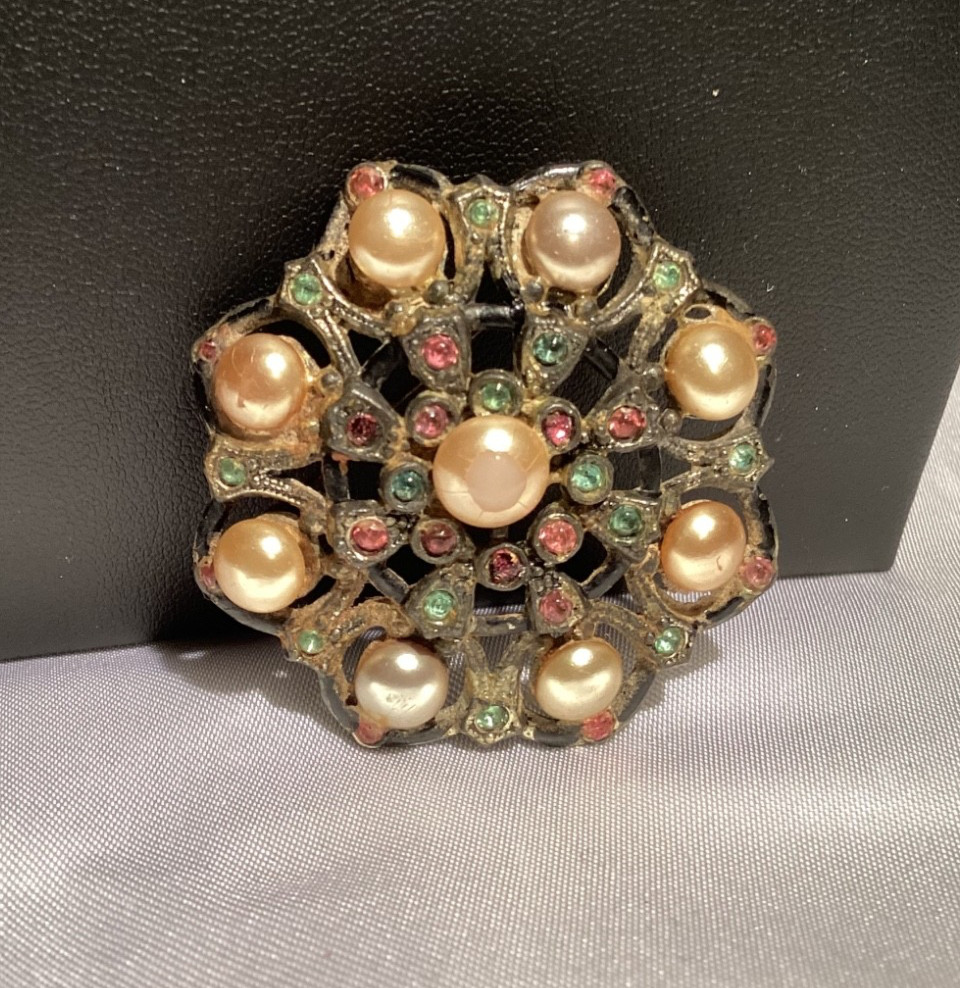 VTG Brooch Pin Signed NE New England Glass Works Pearl Filigree