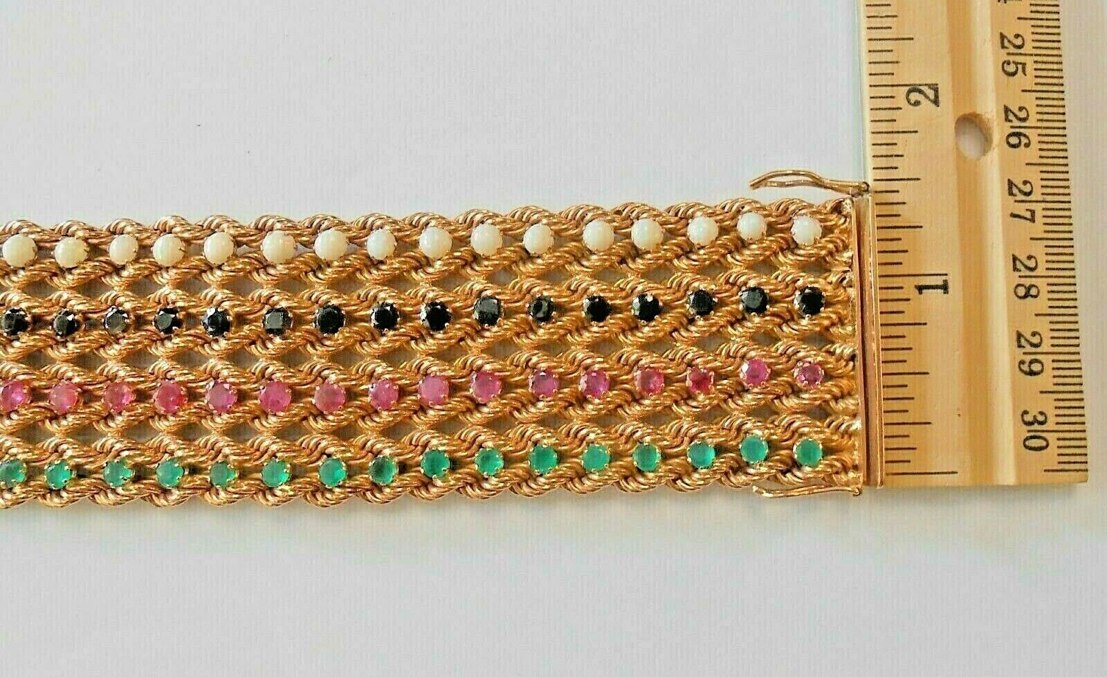 14K Yellow Gold Emerald Ruby Sapphire Opal Multi Strand Wide Bracelet 76 Grams
