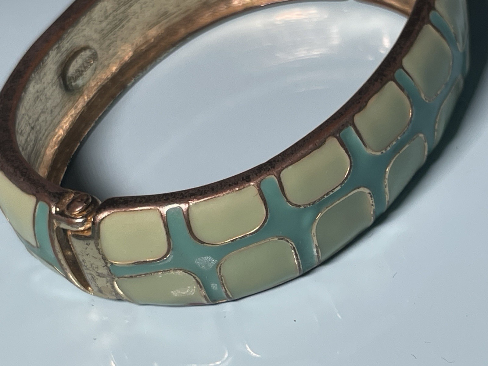 Fornash Enamel Hinge Bangle Bracelet Turquoise Cream Gold Tone