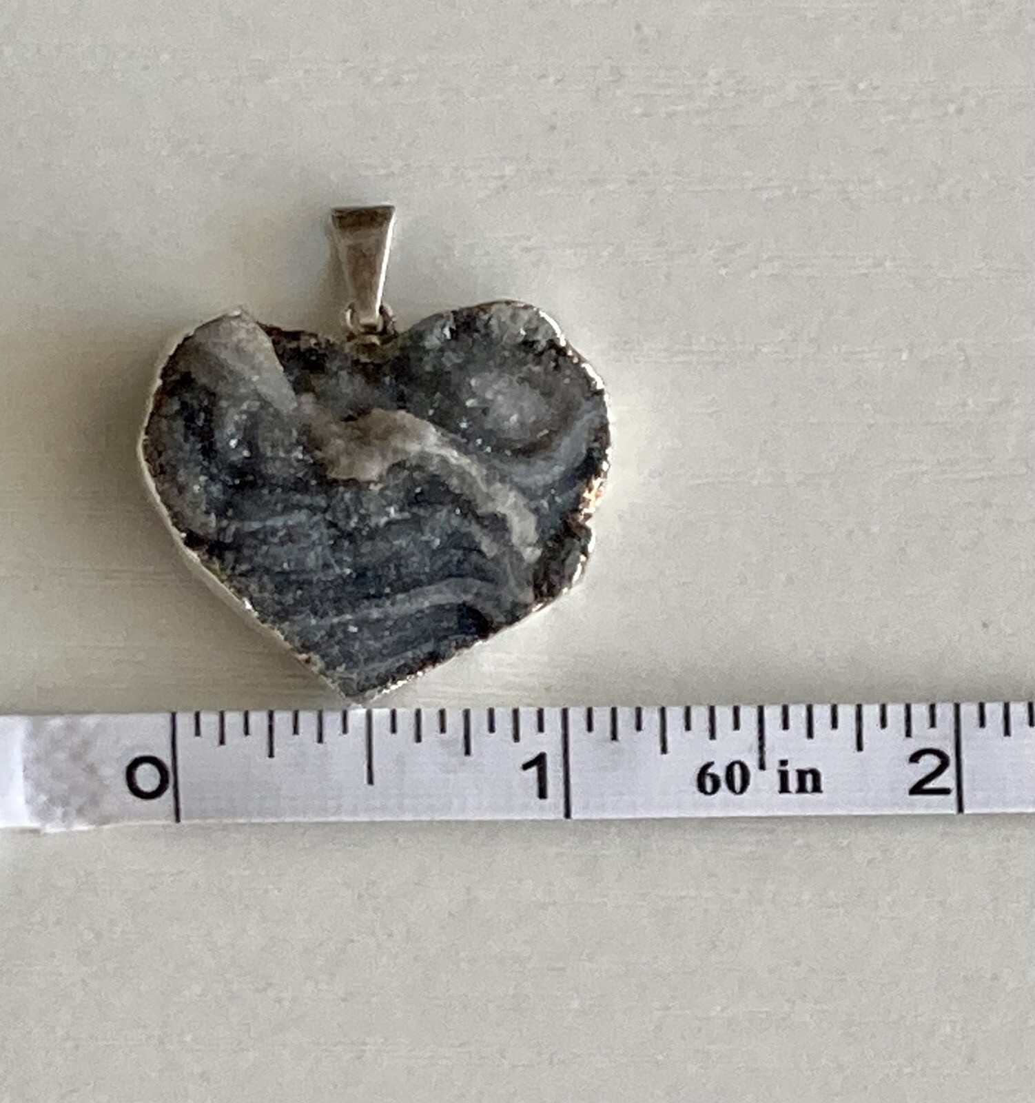 Heart Shimmery Crystal Rock Stone 1.25” Pendant 925 Sterling Silver 7.8g Ladies