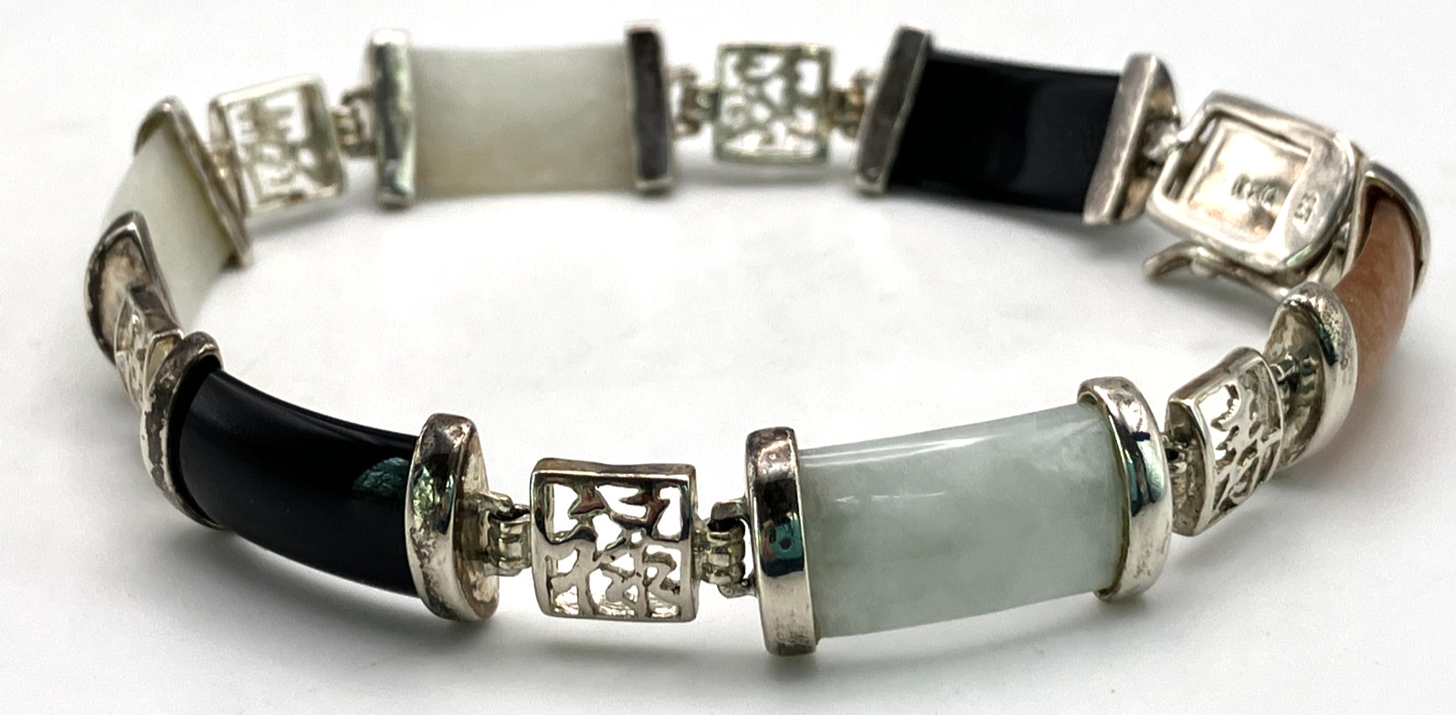 DBJ Dee Berkley Sterling Silver Chinese Character 7.5 Inch Jade Link Bracelet