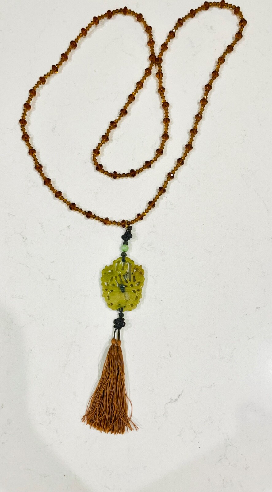 Vintage MCM Jade Pendant Necklace With Amber Glass Beads & Silk Tassel, STUNNING