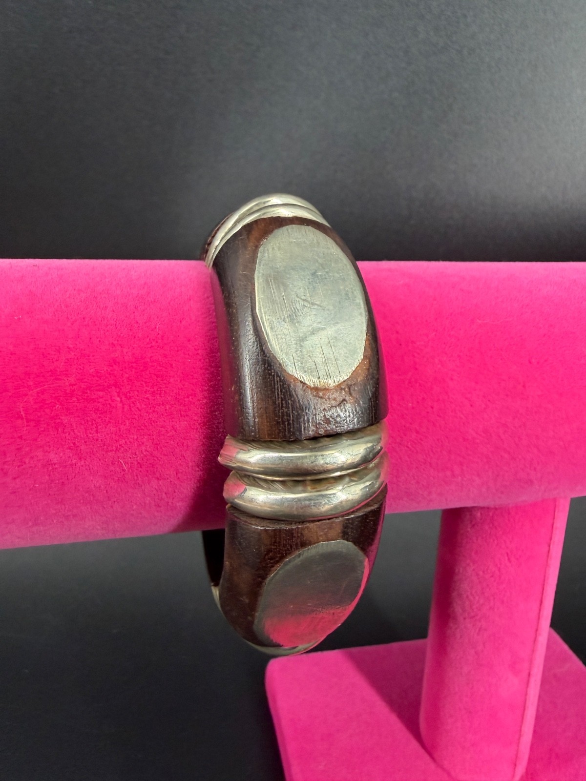 Vintage India Wood Silver Tone Bangle Bracelet Chunky Tribal Boho Statement 8″