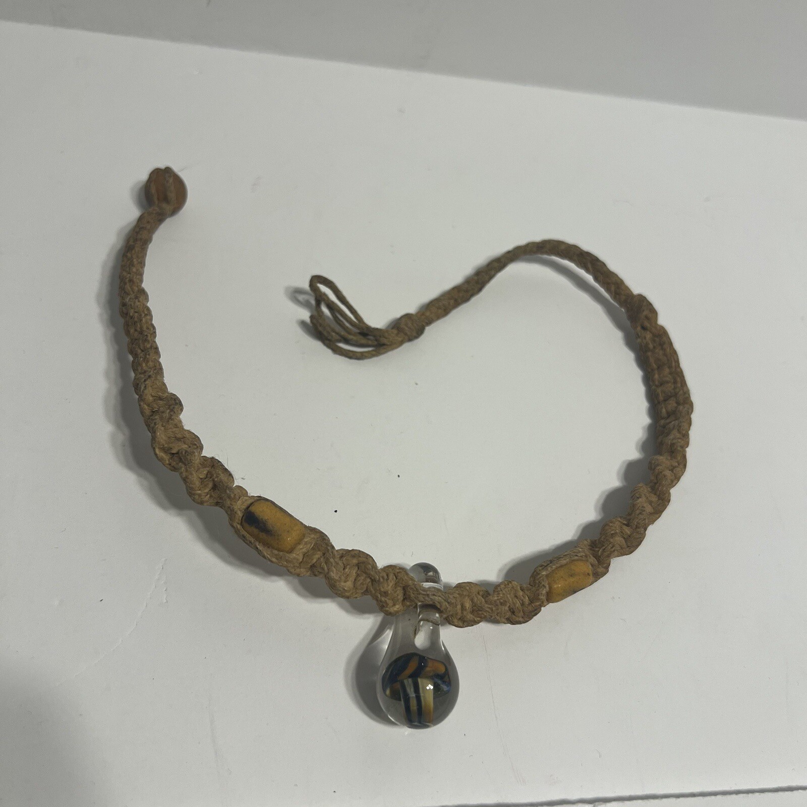 Vintage Blown Glass Hippie Mushroom Pendant Hemp Rope Necklace 70’s