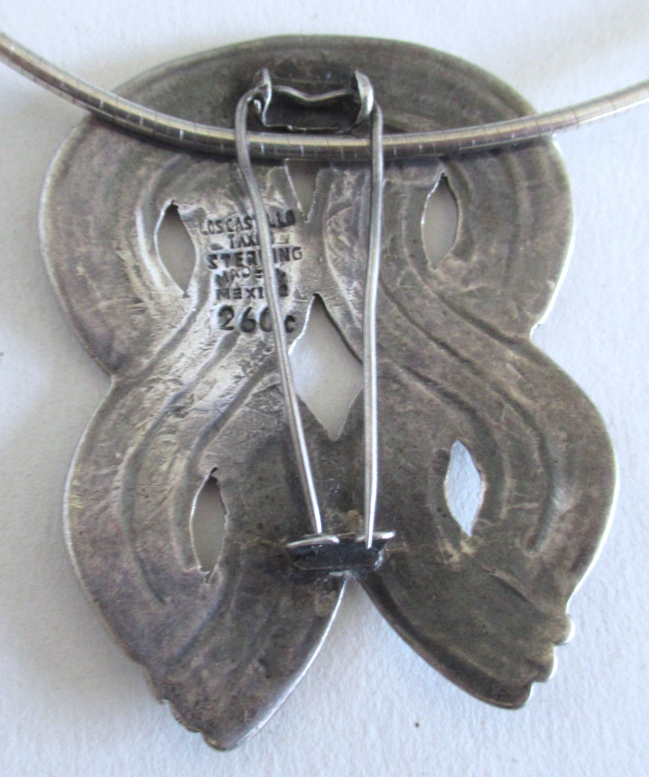 VINTAGE LOS CASTILLO MEXICO STERLING BROOCH PENDANT NECKLACE, 2.30″ PEND, 42 GRM