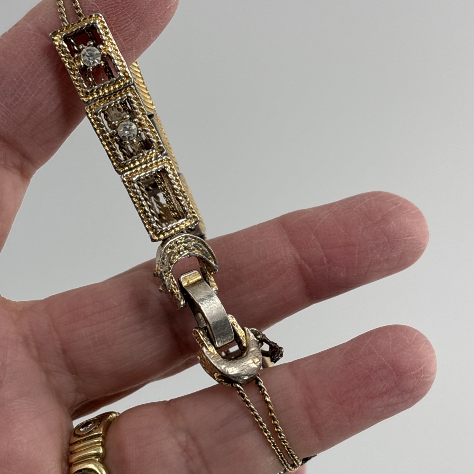 Vintage Gold Tone Victorian Slide Charm Bracelet Gold Tone Missing Rhinestones