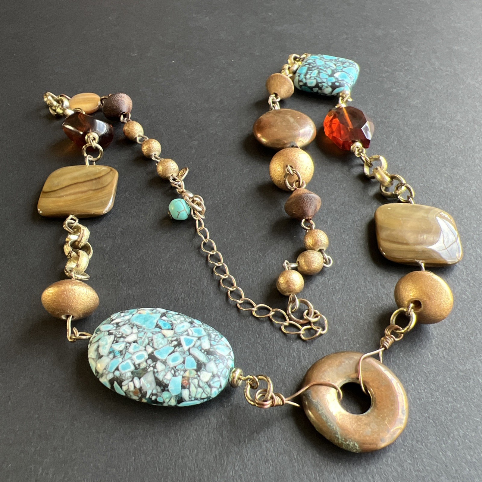 Vintage Turquoise Chip Inlay Beads Amber Mother of Pearl Abalone Bronze Necklace