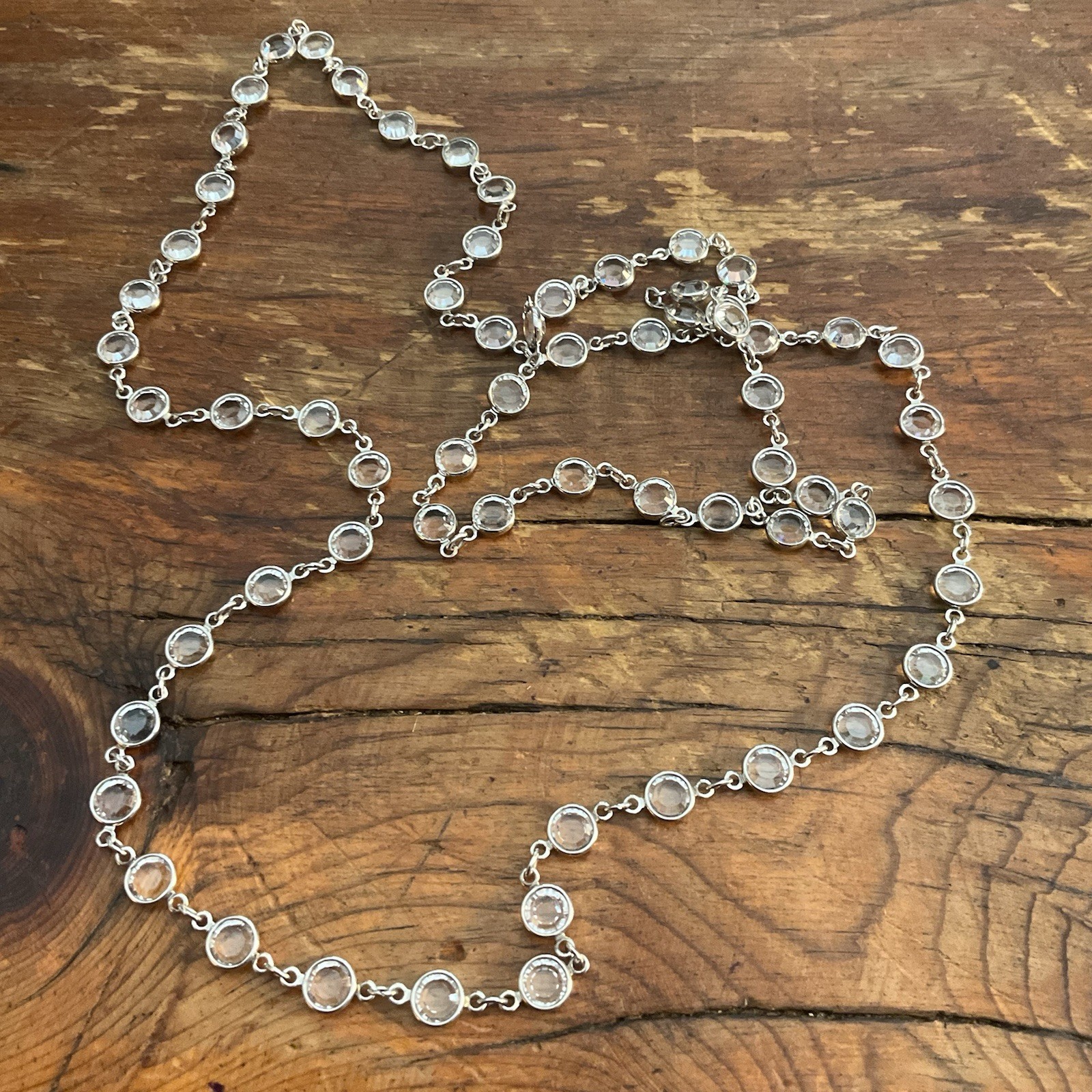 Vintage 36” Bezel Set Clear Austrian Crystal Open Back Discs Silver Tone