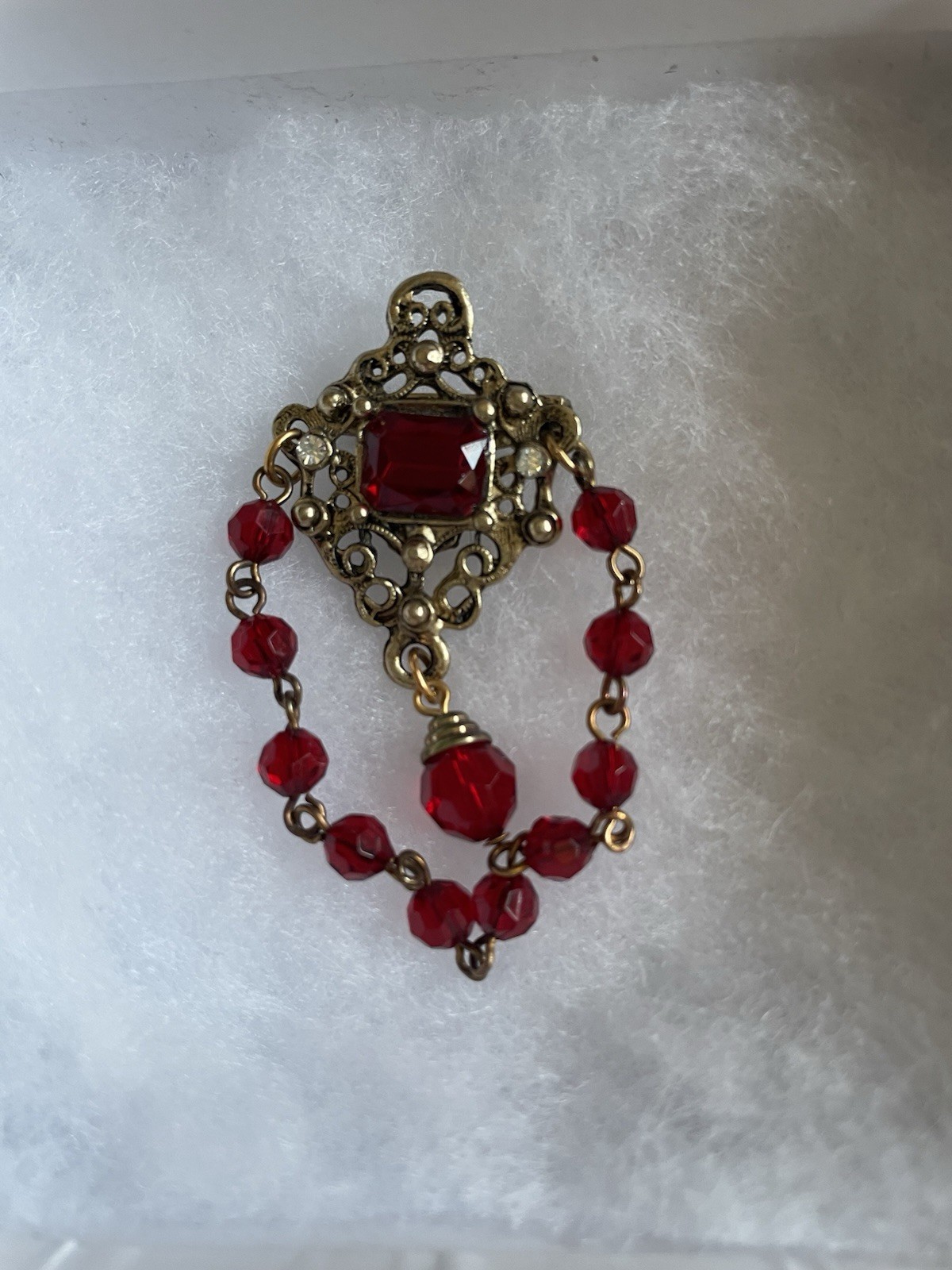 Gold Tone Vintage Broach Pin With Red Beads