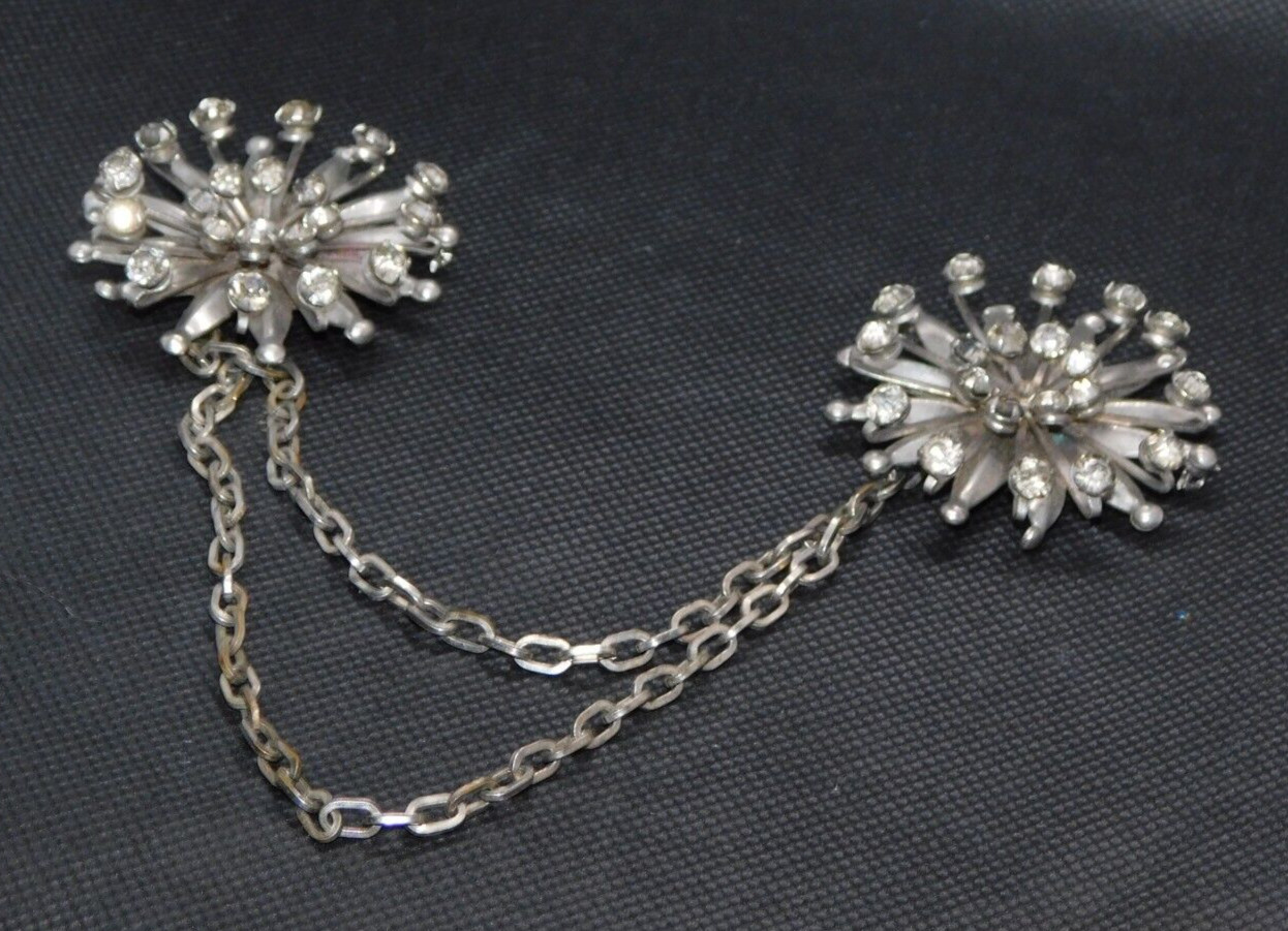 Gothic Style Vintage Scarf Chain Dual Pins White Rhinestone Sunburst Accessories