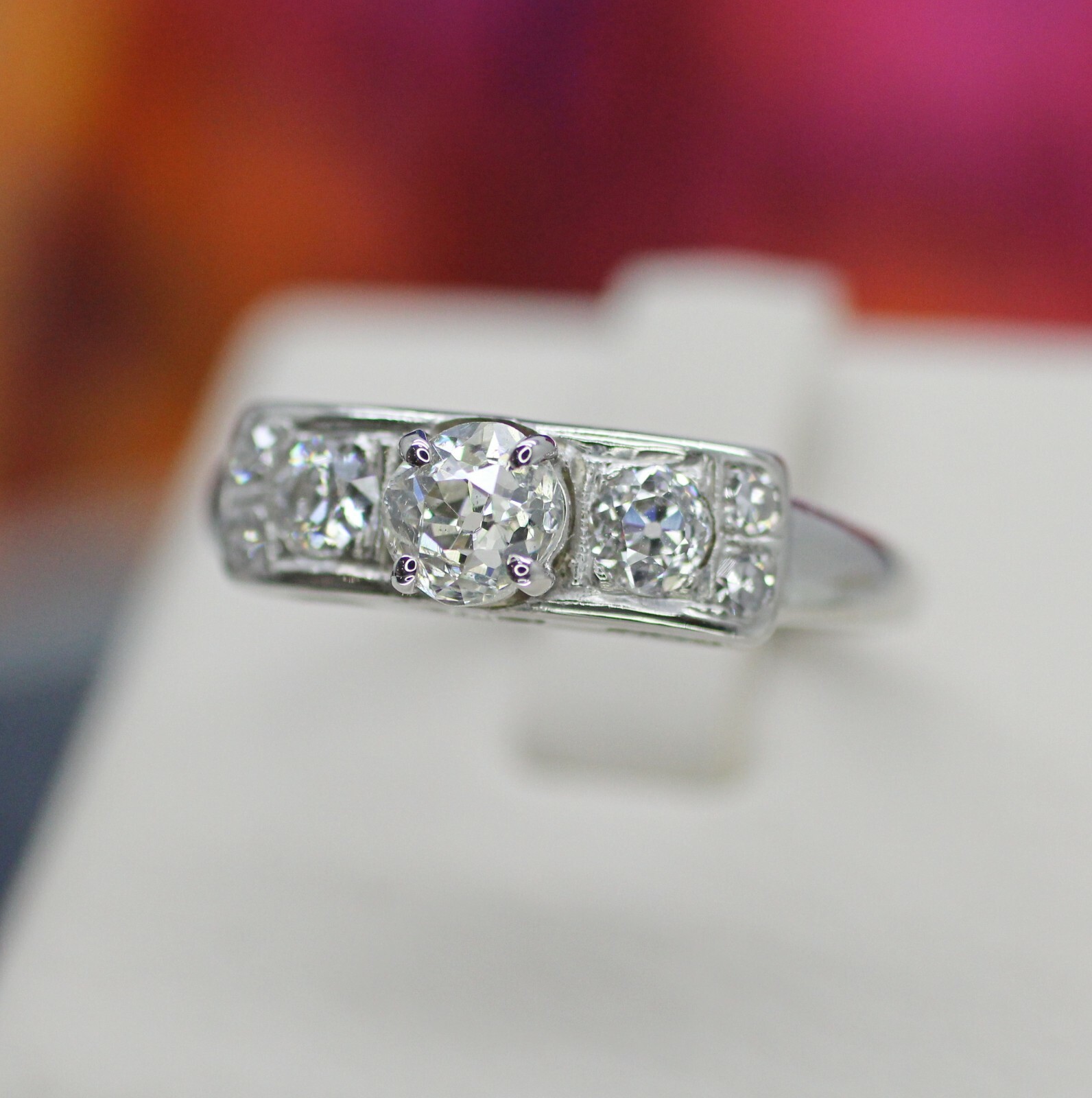 14K WHITE GOLD ANTIQUE VINTAGE DIAMOND ENGAGEMENT RING 1.17CTW