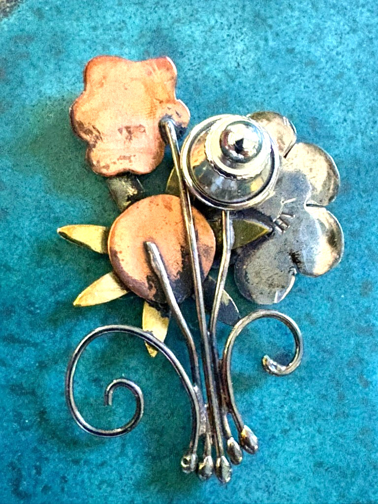 VTG Sterling Silver Brass Copper Flower Bouquet FAR FETCHED Adorable Brooch Pin