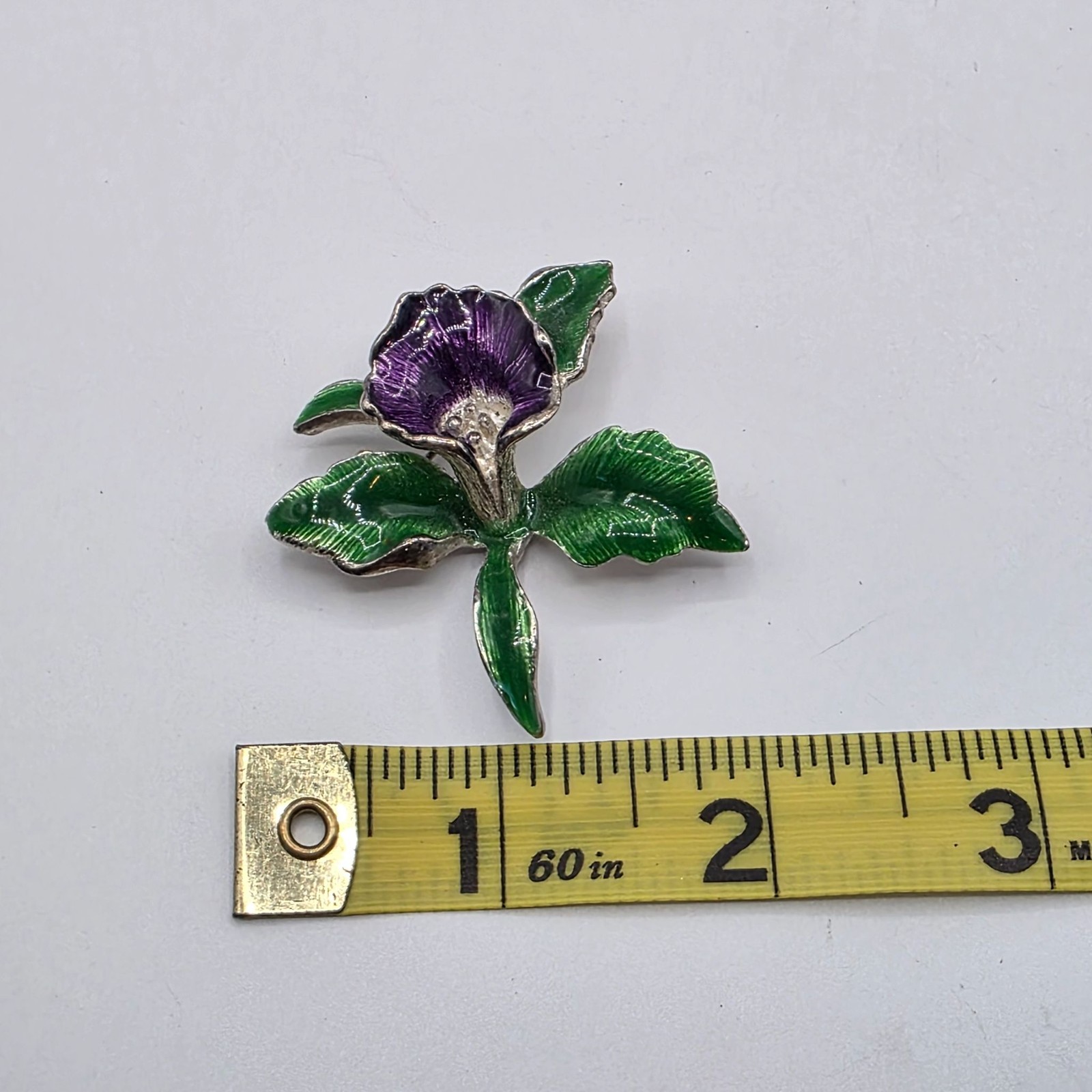 Vintage Enamel Orchid Brooch Silver Tone Floral Pin Purple Green Rhinestone