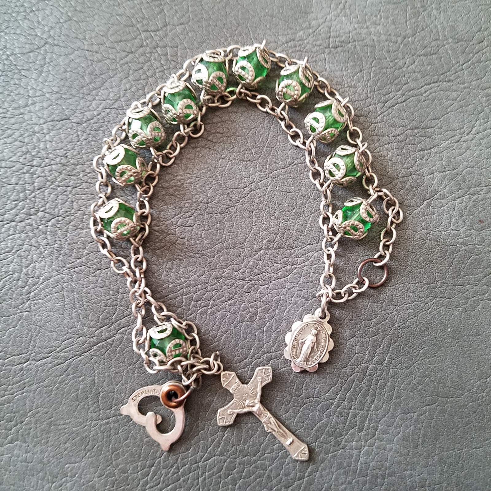 Vintage Sterling Chain Capped Green Bead Rosary Bracelet
