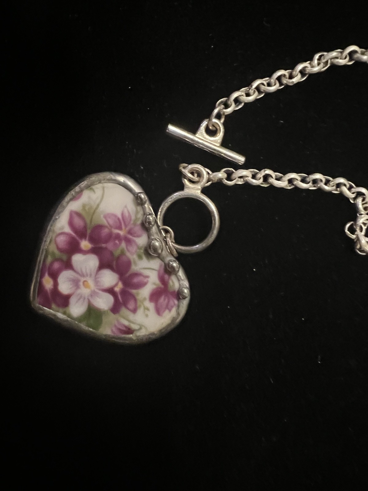 Vintage 925 Sterling Necklace Forget-Me-Not Porcelain Flower Hand Made
