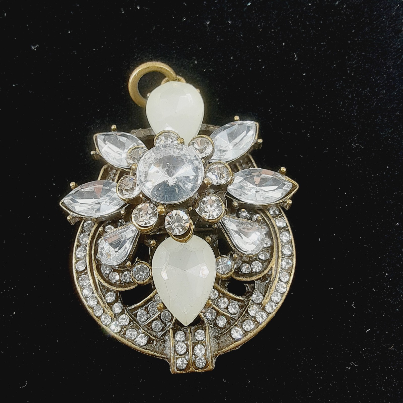 Victorian Inspired Gold Tone Filigree Crystal Rhinestone Oval Pendent No Chain