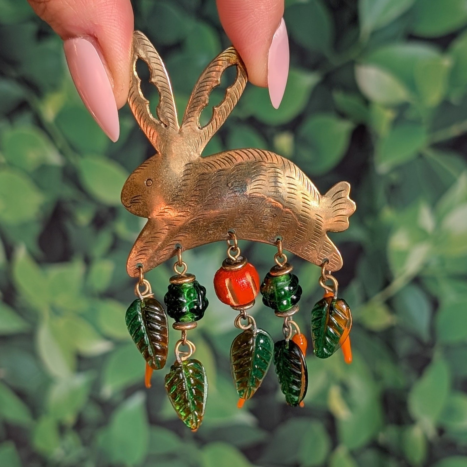 Vintage Artisan Brass Glass Rabbit Brooch Carrots Leaves Etched Bunny Art Pin