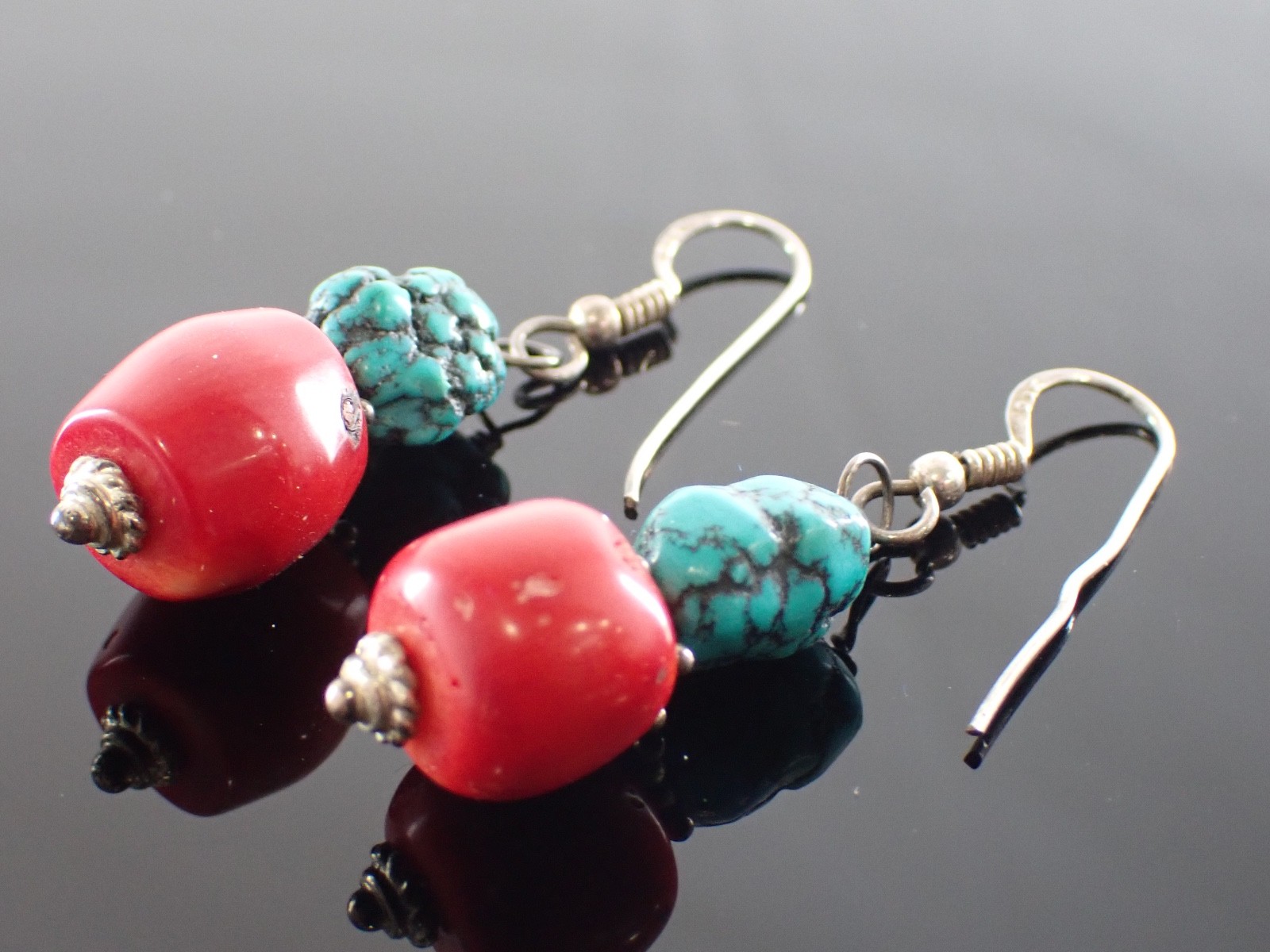 Vintage Sterling Drop Earrings Red Bead & Turquoise Matrix Stones Artisan