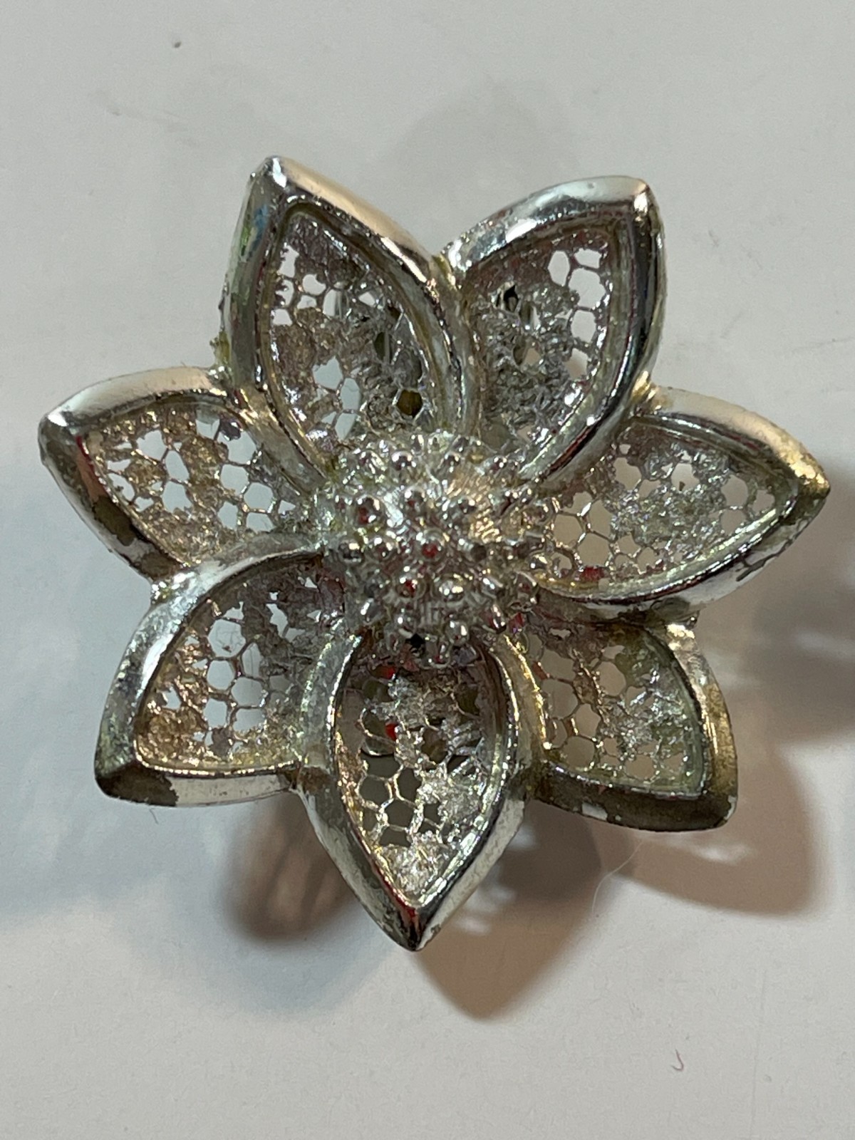 Vintage Silver Tone Filigree Flower Clip-On Earrings Floral Openwork Retro
