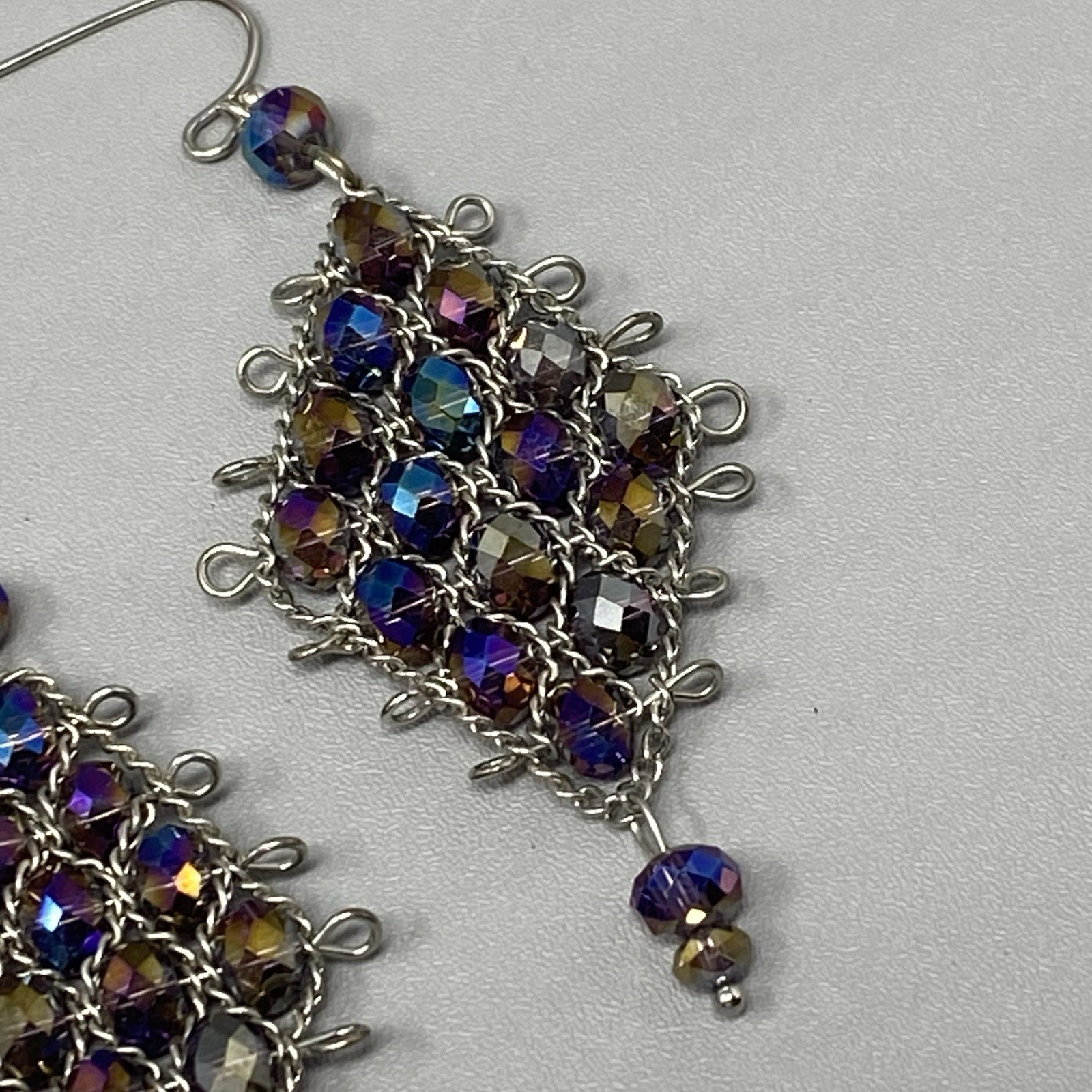 Purple Chandelier Dangle Earrings Pierced Peacock Surface Coated Wire Woven 3″
