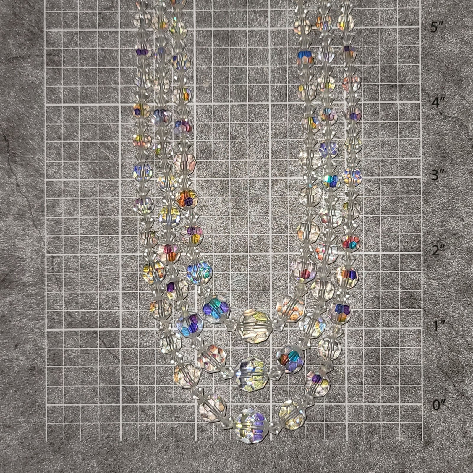 Vintage c1950s 18″ 3-Strand Aurora Borealis Iridescent Graduated Bead Necklace